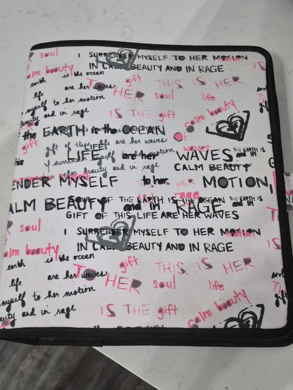Roxy White Canvas Folder Holder with Black Calculator and Pink Script Accents